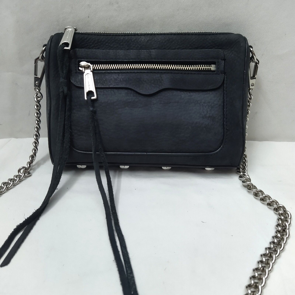 Rebecca Minkoff Black Suede Leather Chain Strap Zipper Closure Crossbody Bag